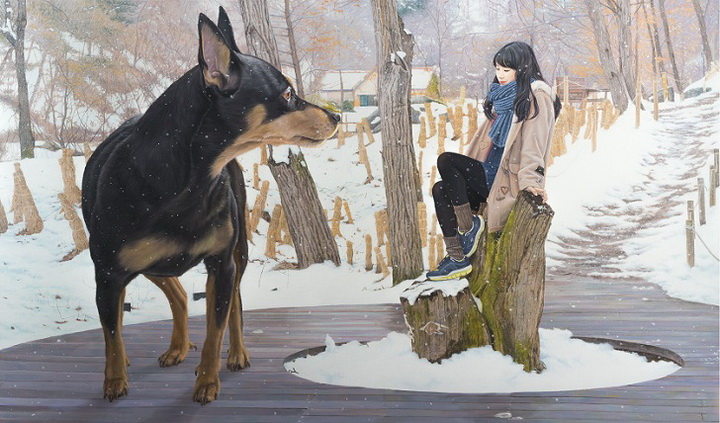 Реалистичные рисунки гигантского пса и симпатичной кореяночки - ФОТОСЕССИЯ